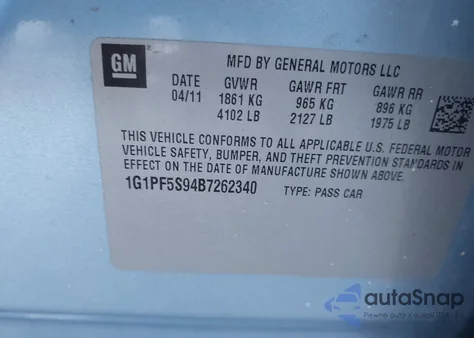 2011 Chevrolet Cruze 1Lt from USA, damaged, VIN 1G1PF5S94B7262340